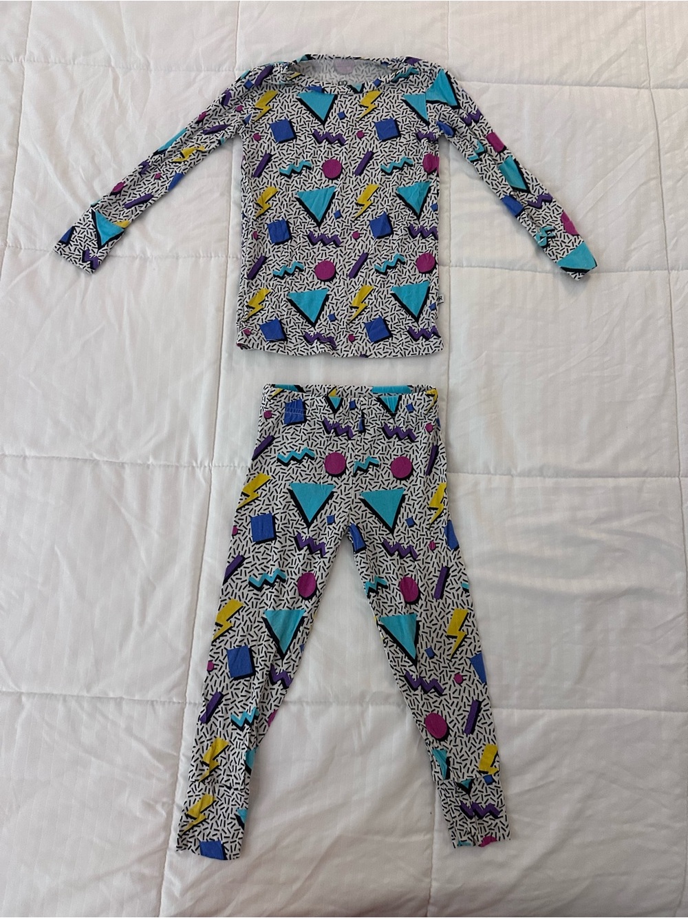 Kids Long Sleeve Pajama Set in White with Colorful Geometric Print